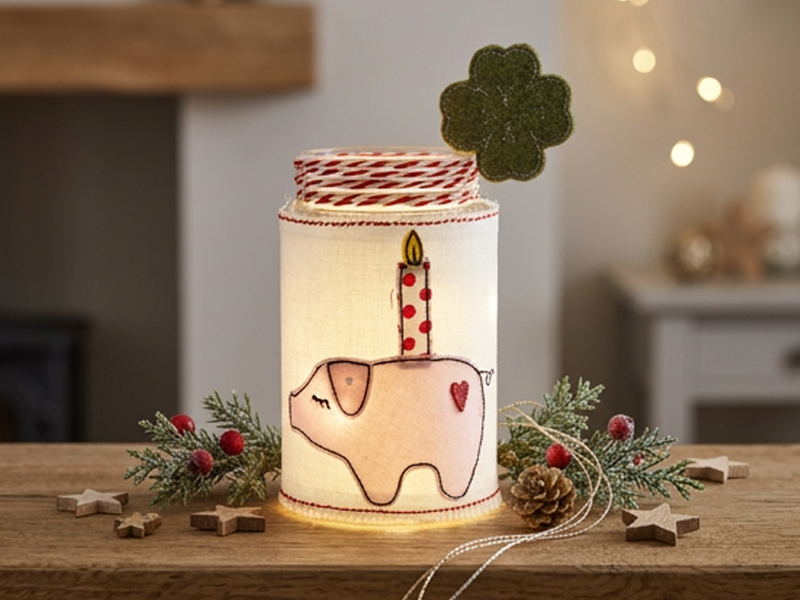 Preview: Schwein mit Kerze - doodle Stickdatei